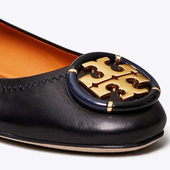 Tory Burch Enamel Logo Leather Ballet Flats Perfect Black Gold Heel Details - Picture 13 of 15